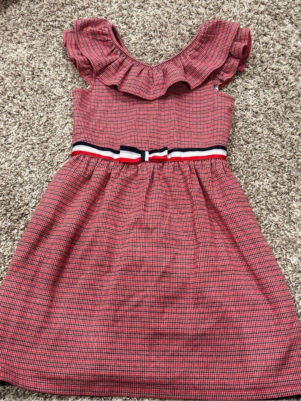 Janie and Jack Red Ruffled Neck Dress with Striped Ribbon